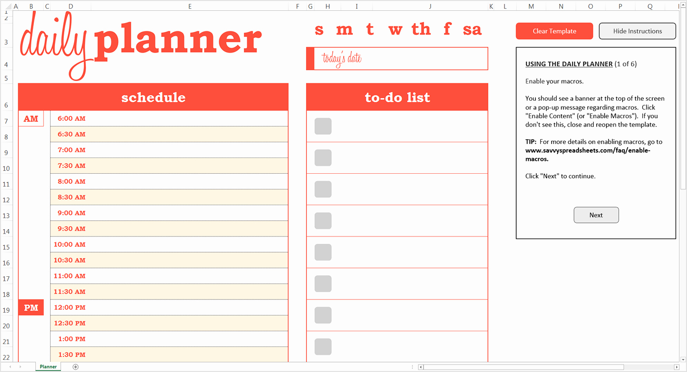 Dynamic Daily Planner Excel Template Savvy Spreadsheets