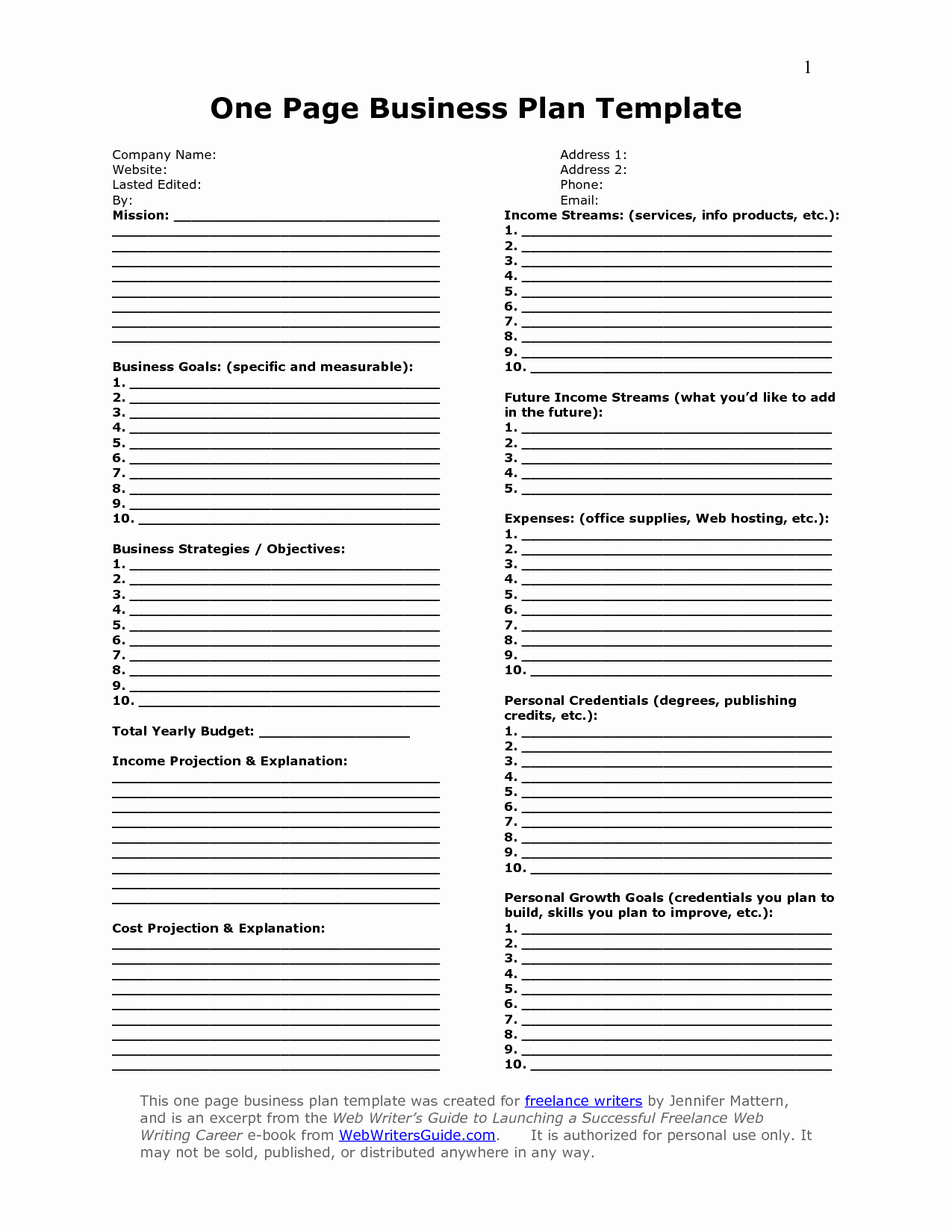 E Page Business Plan Template