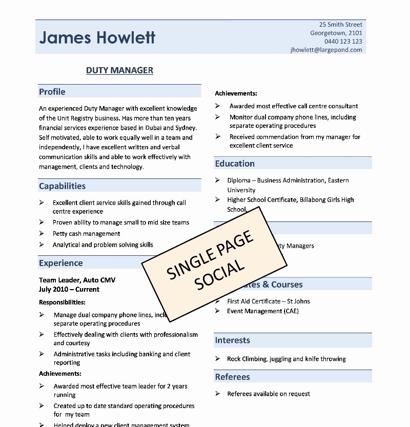 one page resume template