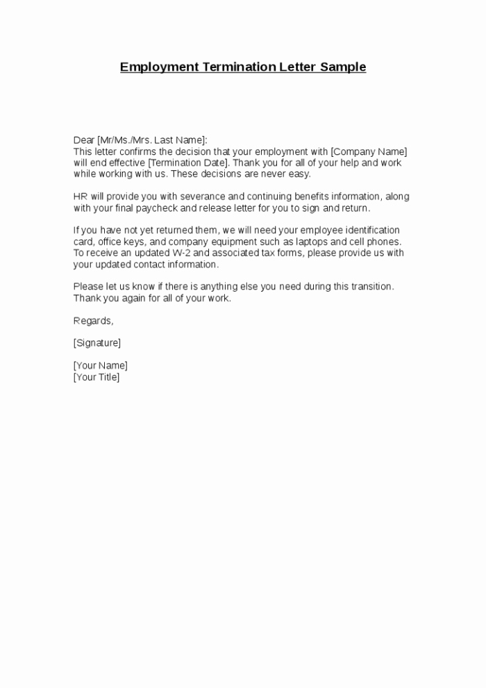 Editable Employee Termination Letter Sample Due to Bad