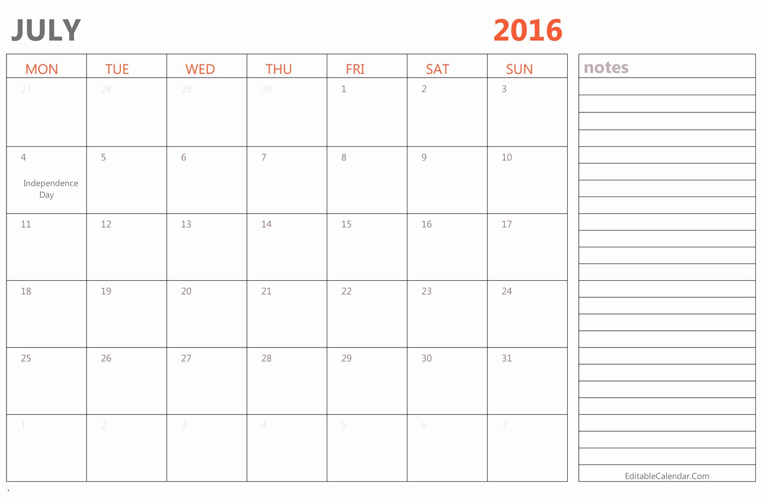 Editable July 2016 Calendar with Holidays