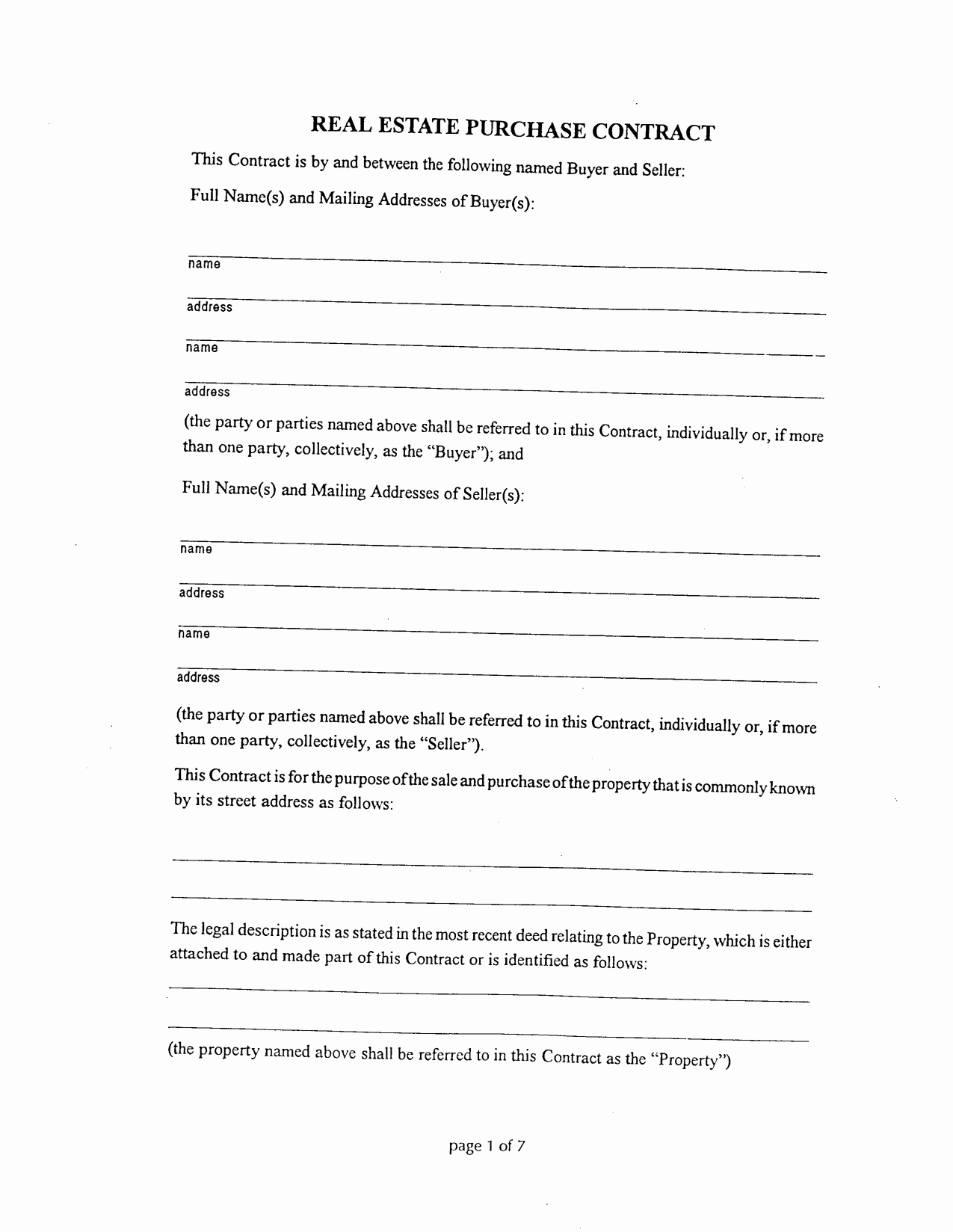 Editable Real Estate Purchase Blank Contract Template