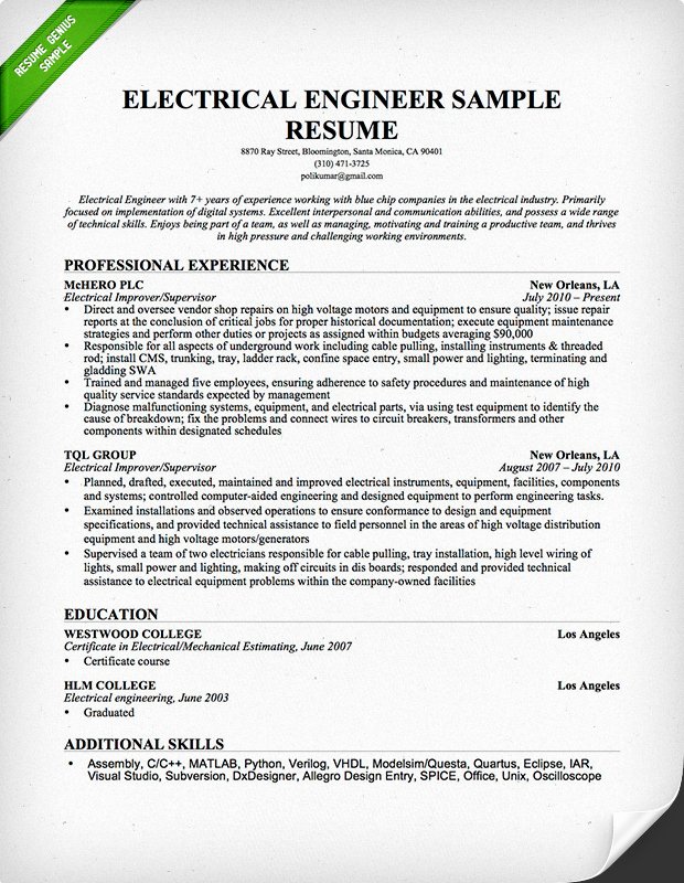 Electrical Engineer Resume Sample