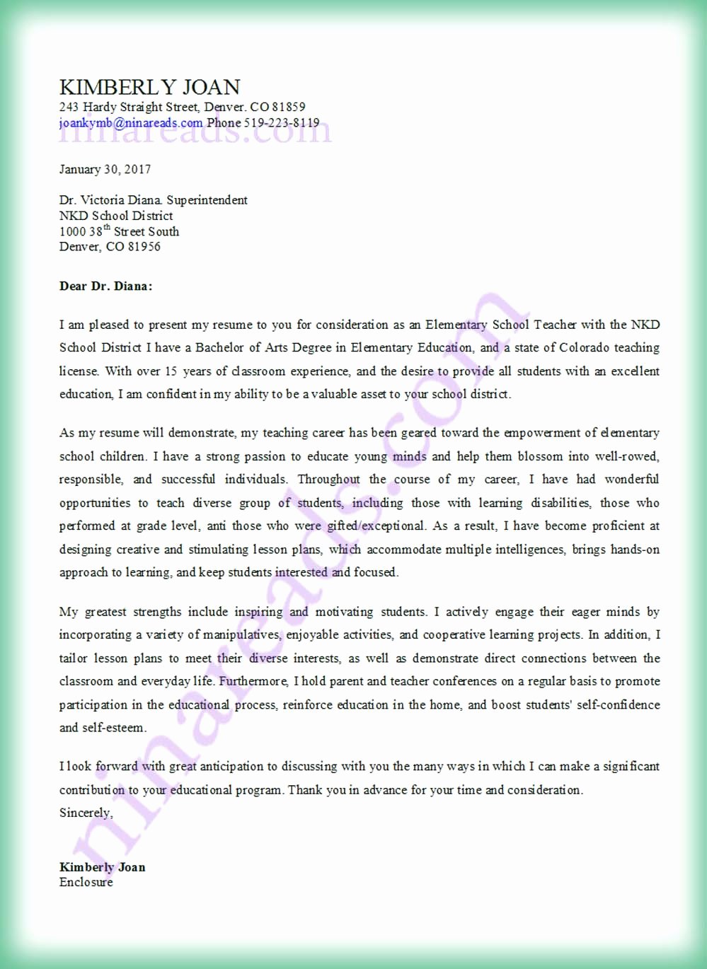 elementary teacher cover letter sample