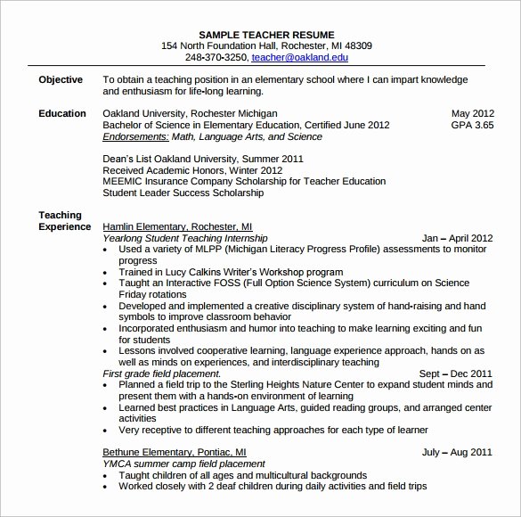 elementary teacher resume