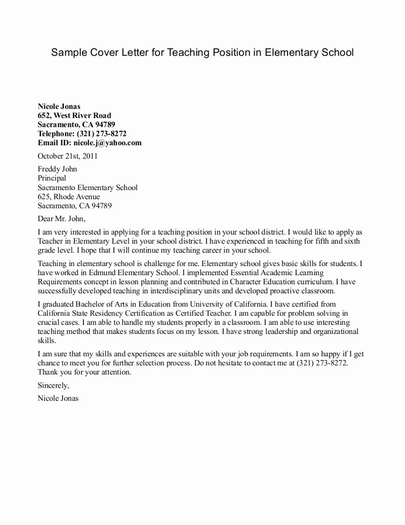 Elementary Teacher Resume Cover Letter Examples