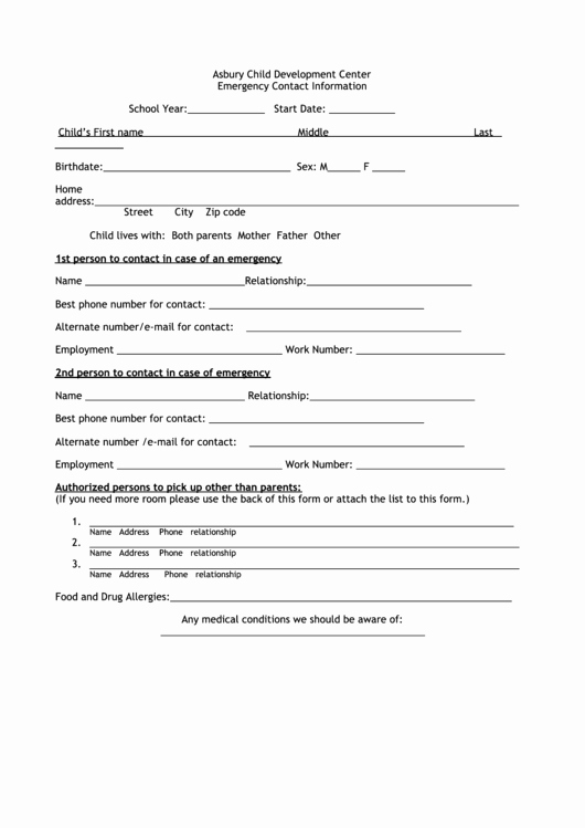 Emergency Contact Information form Printable Pdf