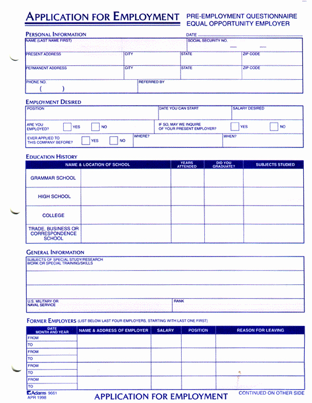 Employee Application form Free Printable