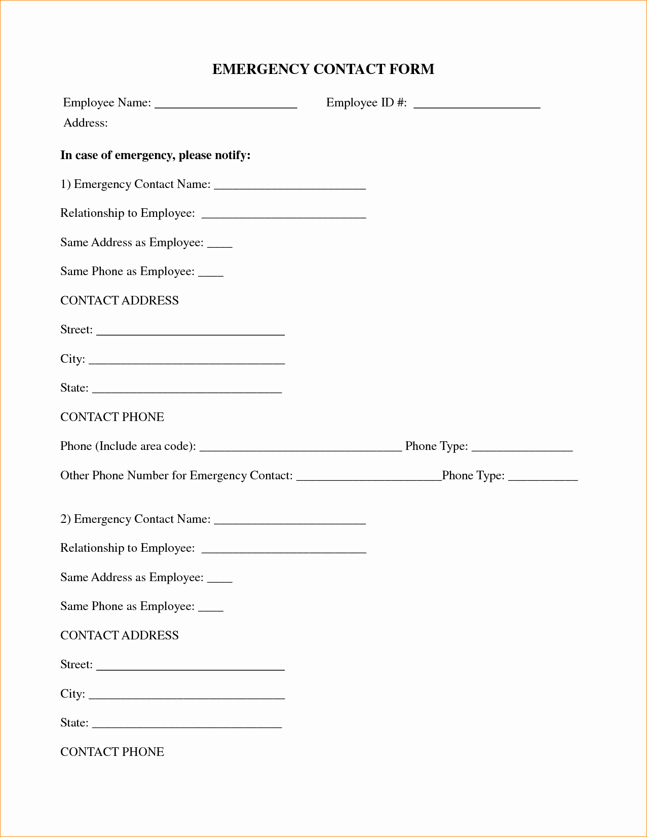 Employee Emergency Contact Printable form to Pin