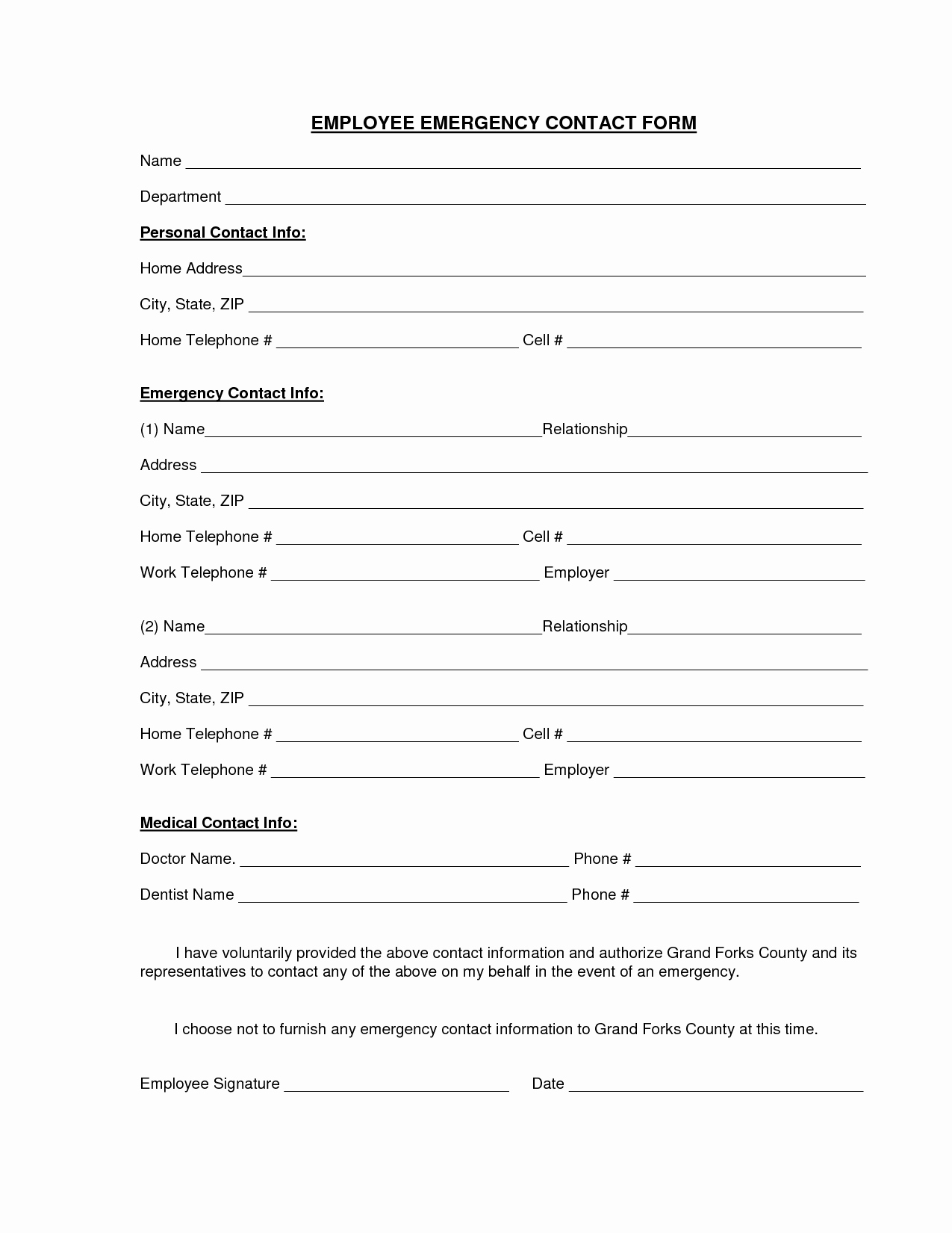 Employee Emergency Contact Printable form to Pin