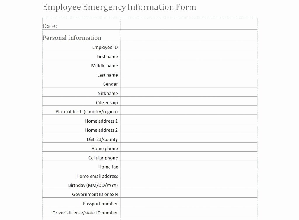 Employee Emergency Information form Template