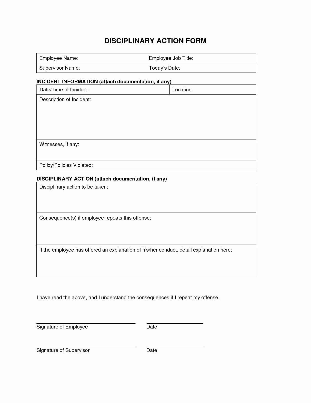 Employee Employee Disciplinary Action form