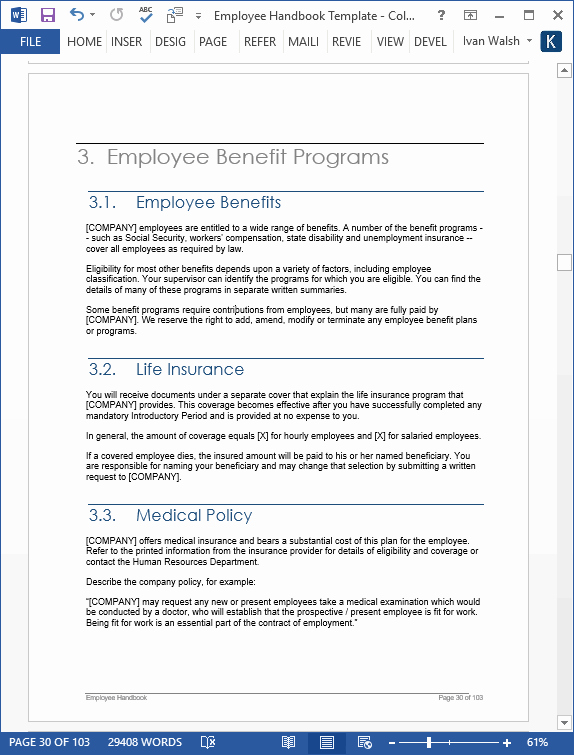 Employee Handbook Template Ms Word – 140 Sample topics