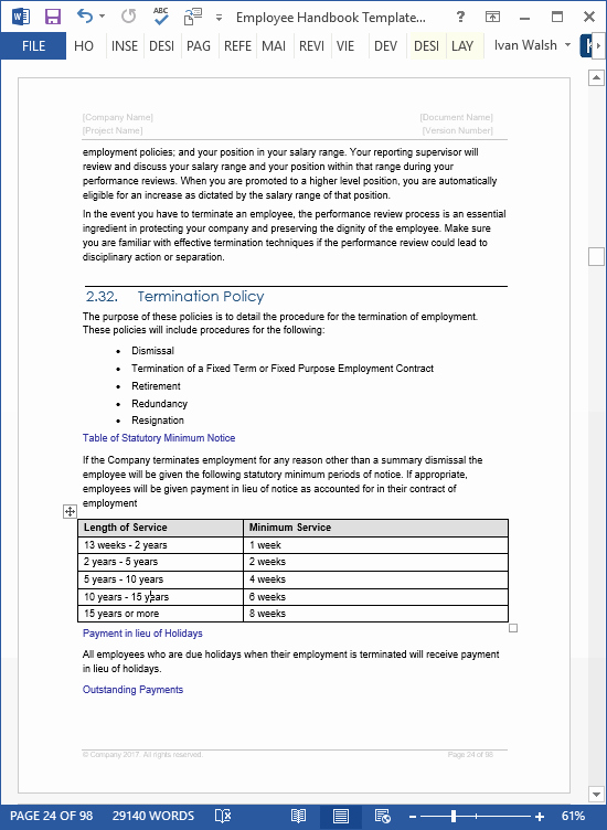 Employee Handbook Templates Ms Word Free Policy Manual