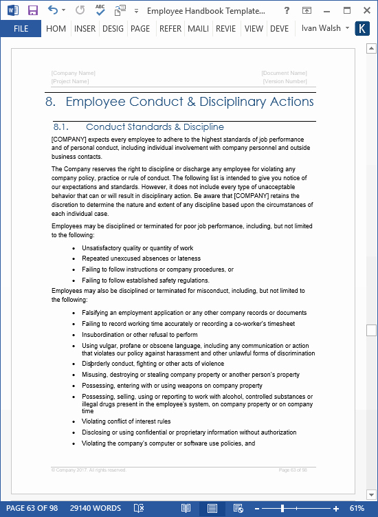 Employee Handbook Templates Ms Word Free Policy Manual