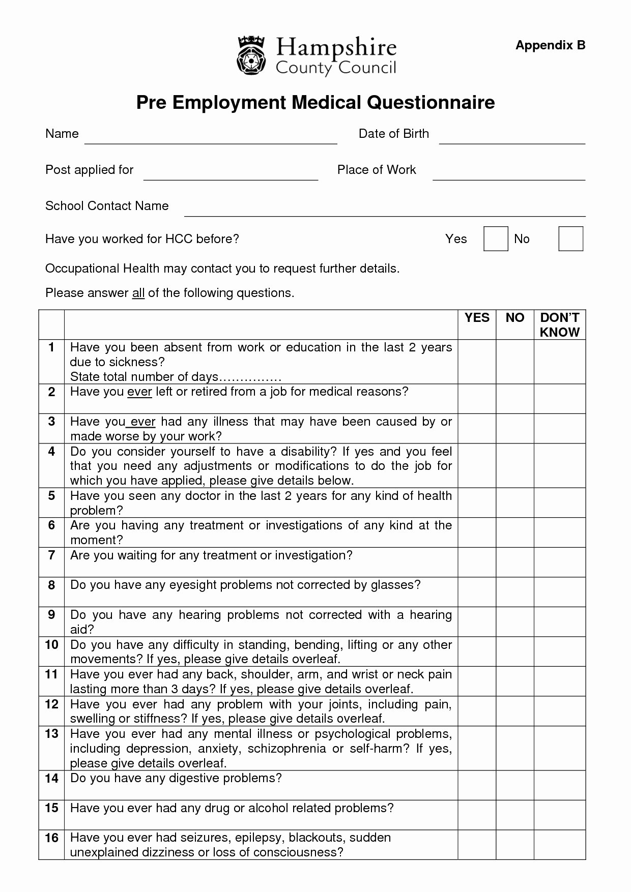 Employee Medical Questionnaire Template Templates