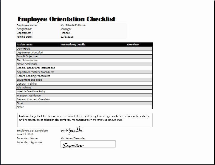 employee orientation checklist template