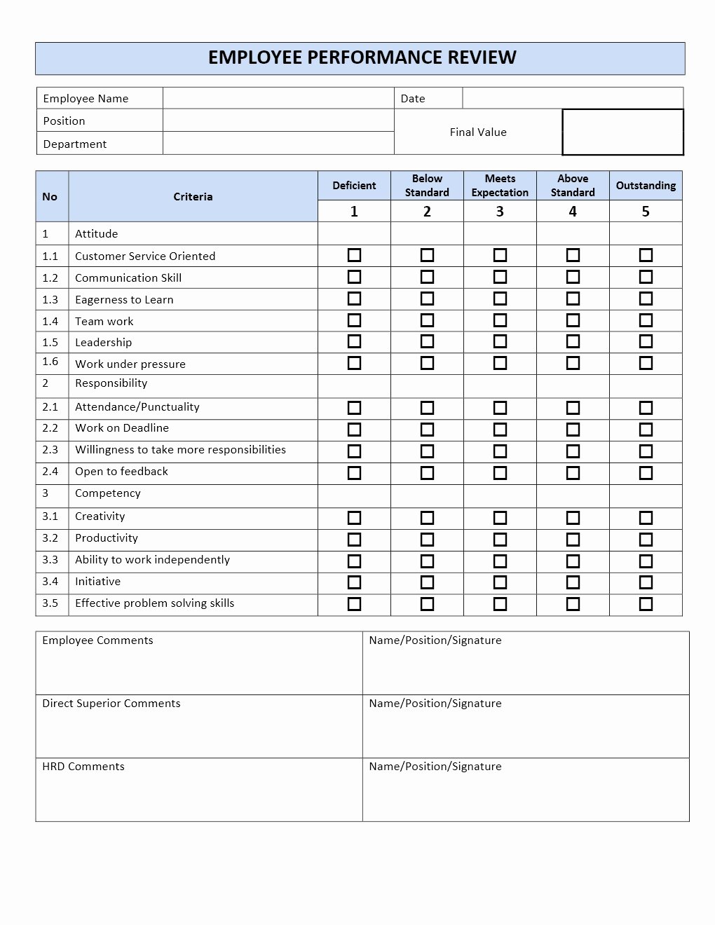 Employee Performance Review form