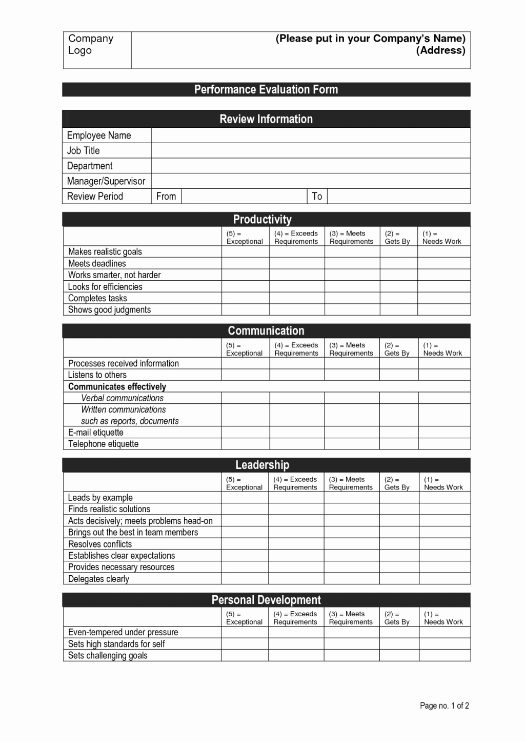 Employee Performance Review Template Doc Evaluation form