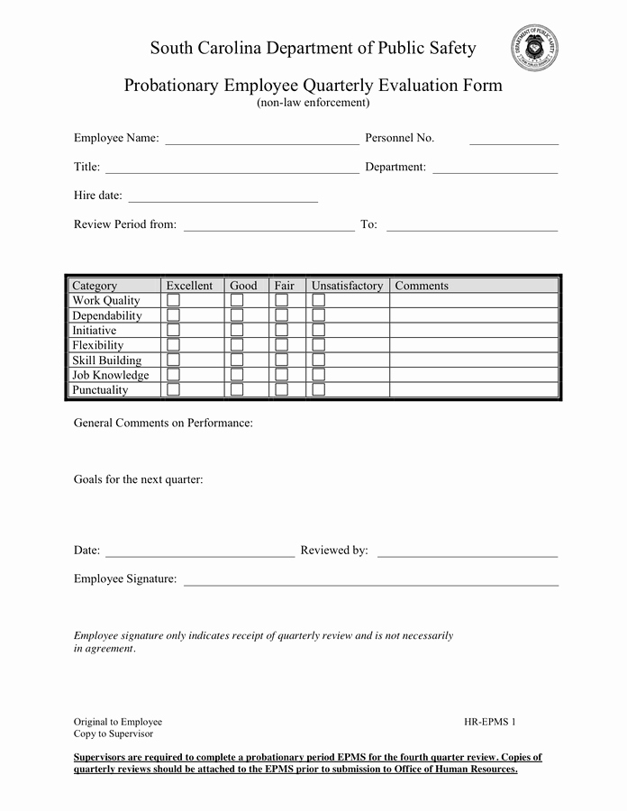 Employee Quarterly Evaluation form In Word and Pdf formats