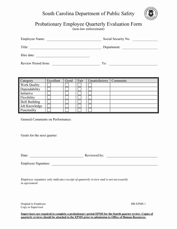 Employee Quarterly Evaluation form In Word and Pdf formats