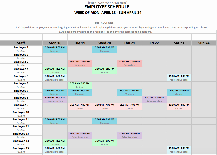 Employee Schedule Template In Excel and Word format