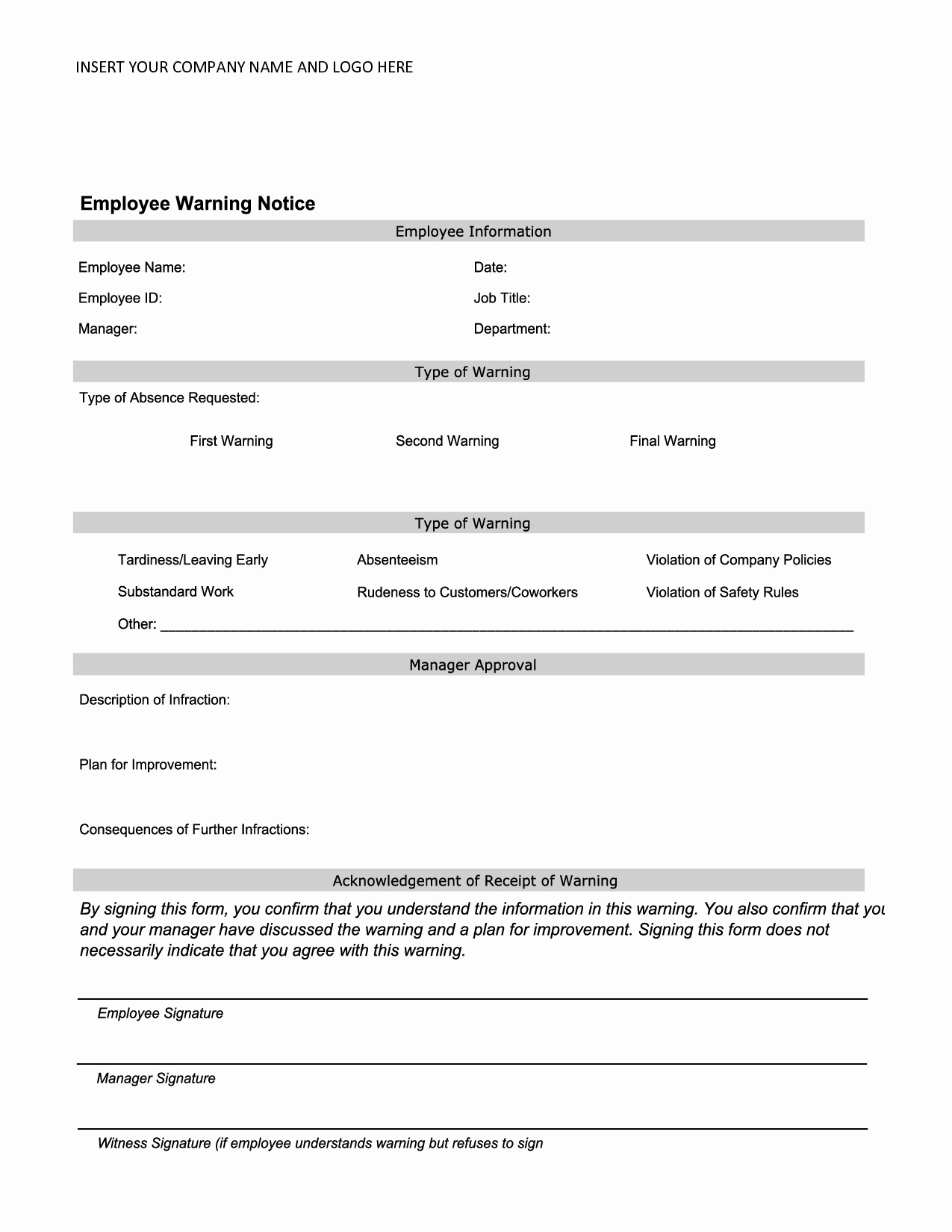Employee Warning Notice Employee forms