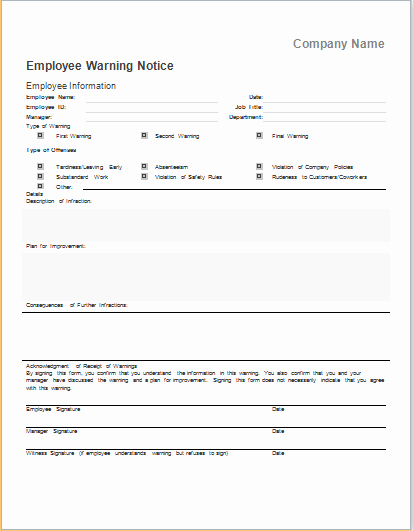 Employee Warning Notice Template for Ms Word