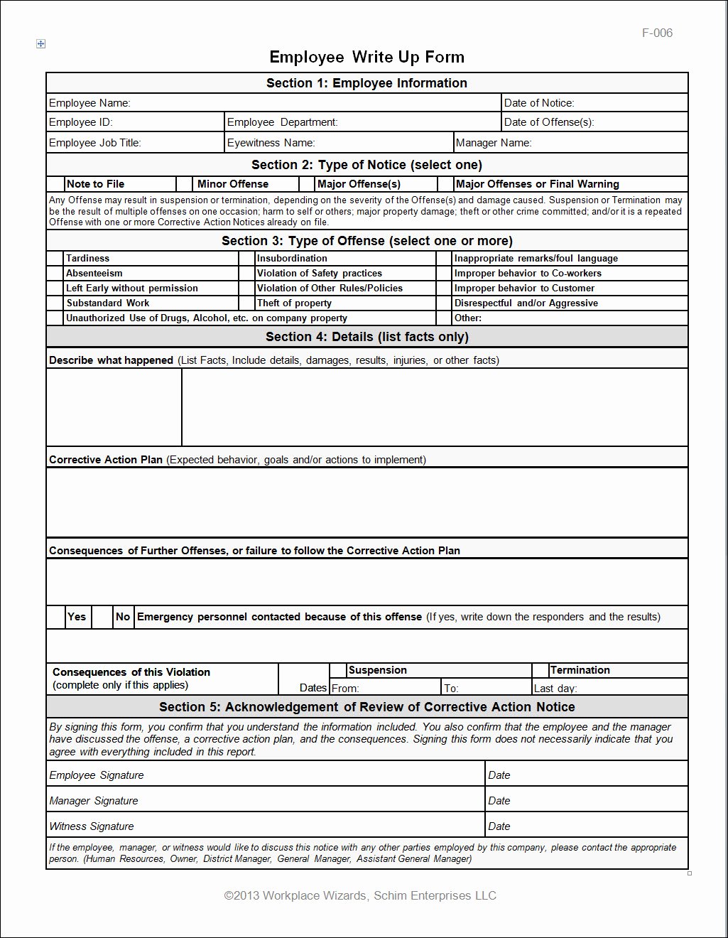 employee write up form 2