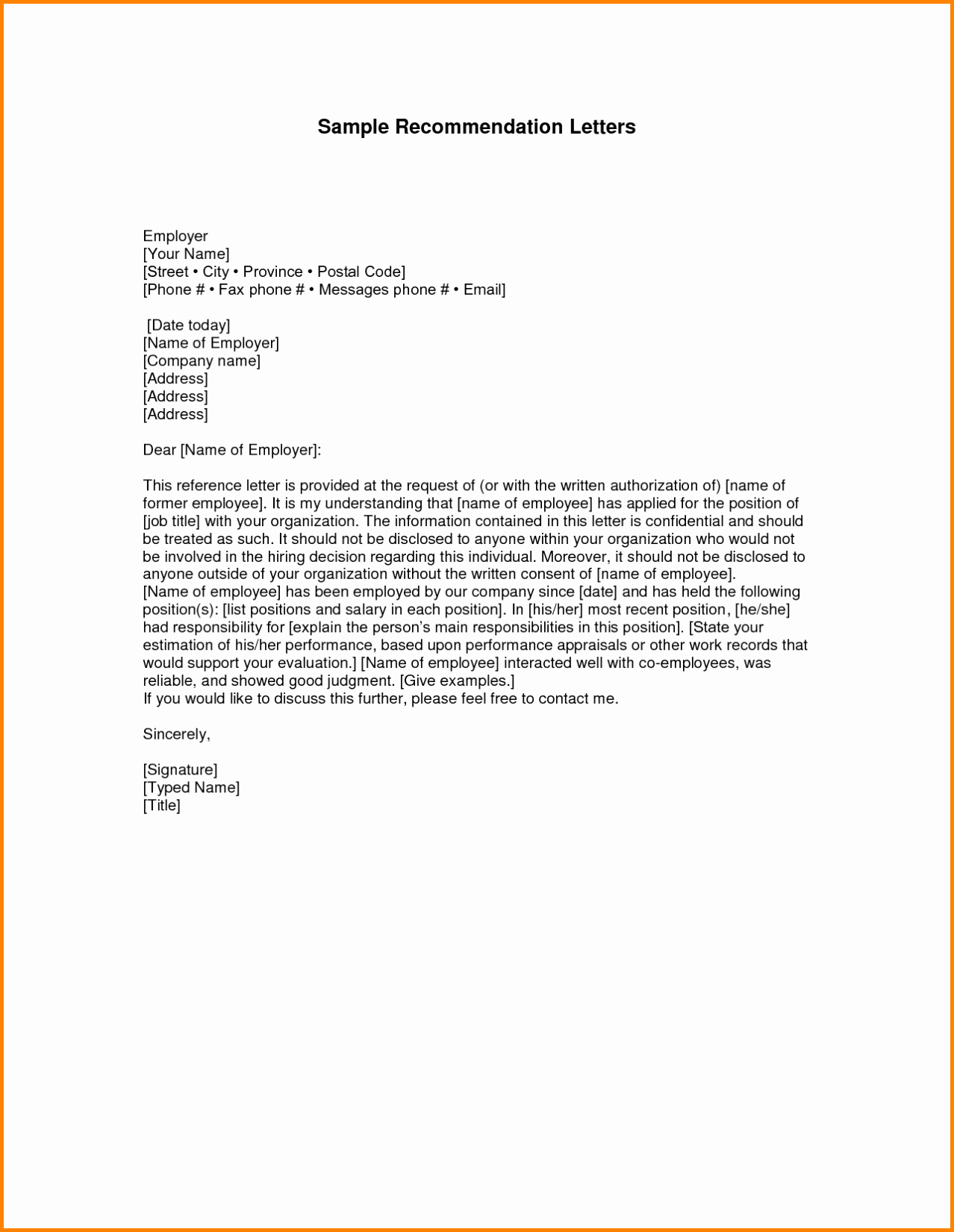 Employment Reference Letter Sample Template Printable
