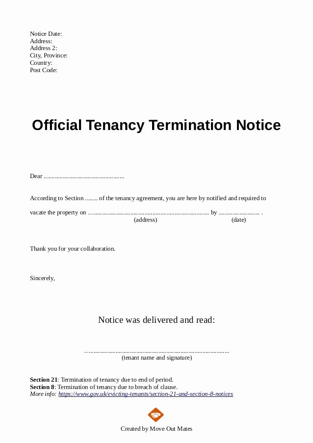 End Of Tenancy Letter Template From Landlord to Tenant