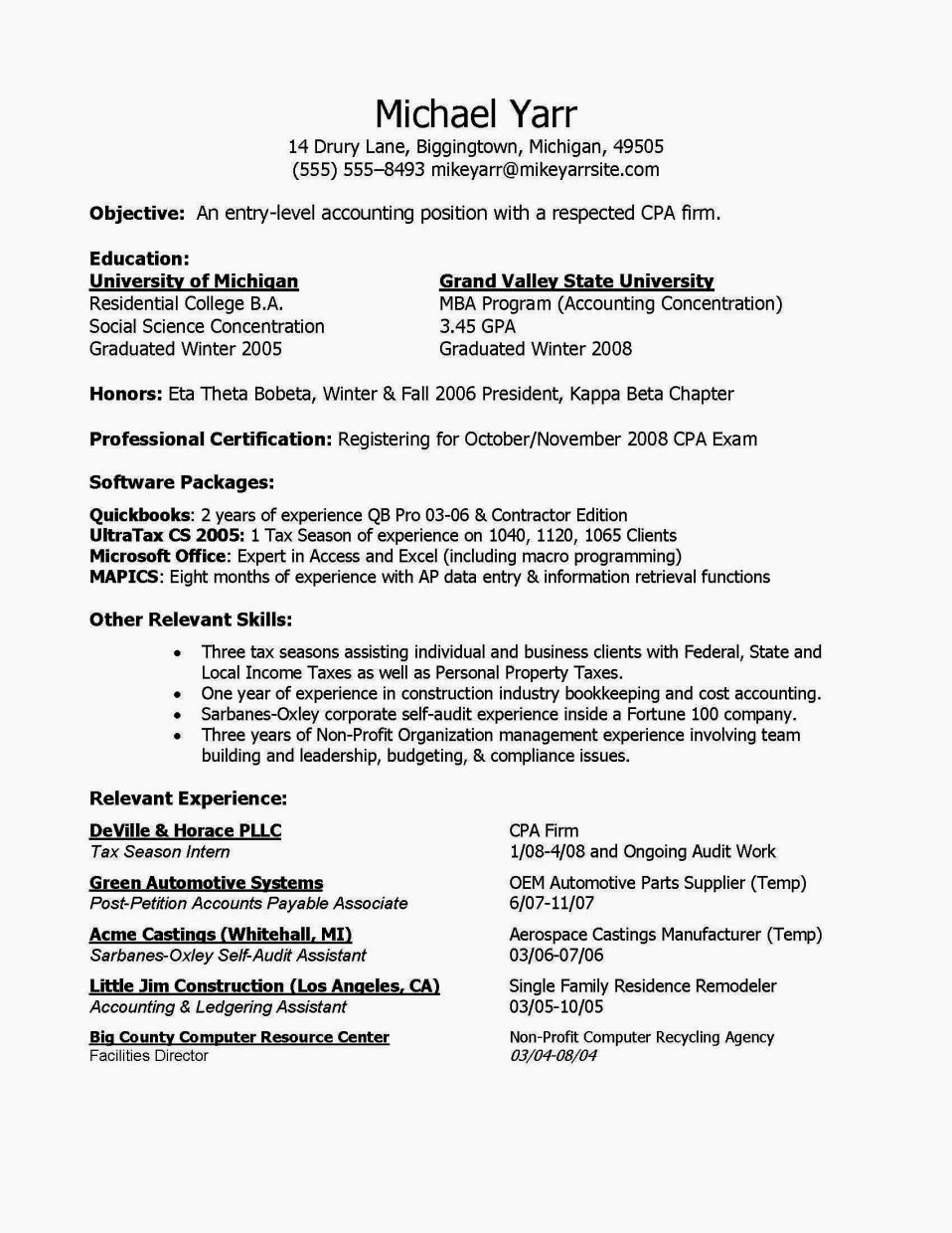 Entry Level Accounting Sample Resume Objectives