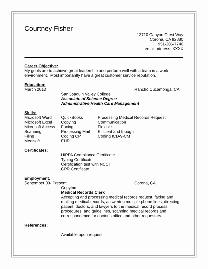 Entry Level &amp; Freshers Medical Records Clerk Resume Template