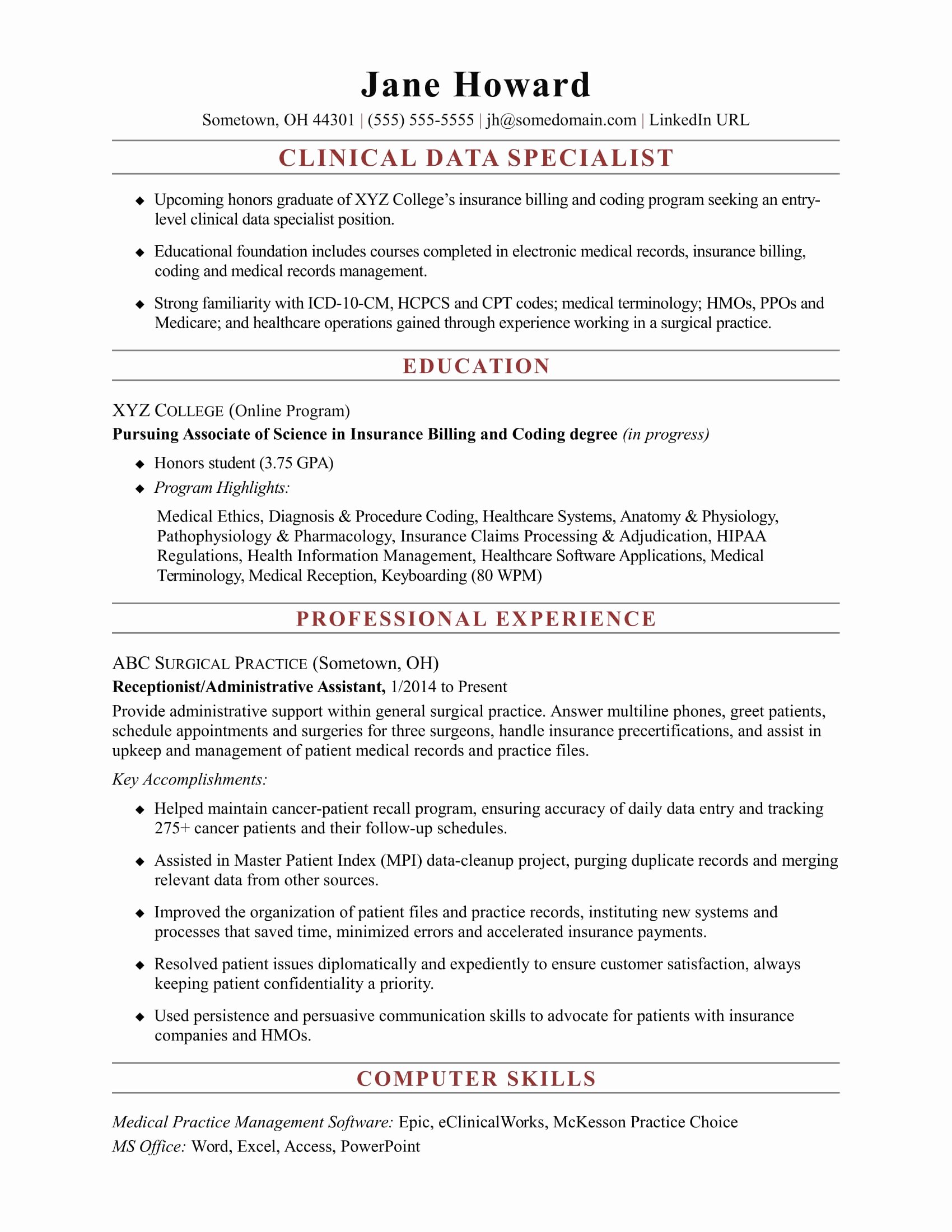 Entry Level Clinical Data Specialist Resume Sample