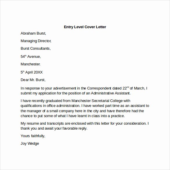 Entry Level Cover Letter Templates 9 Free Samples