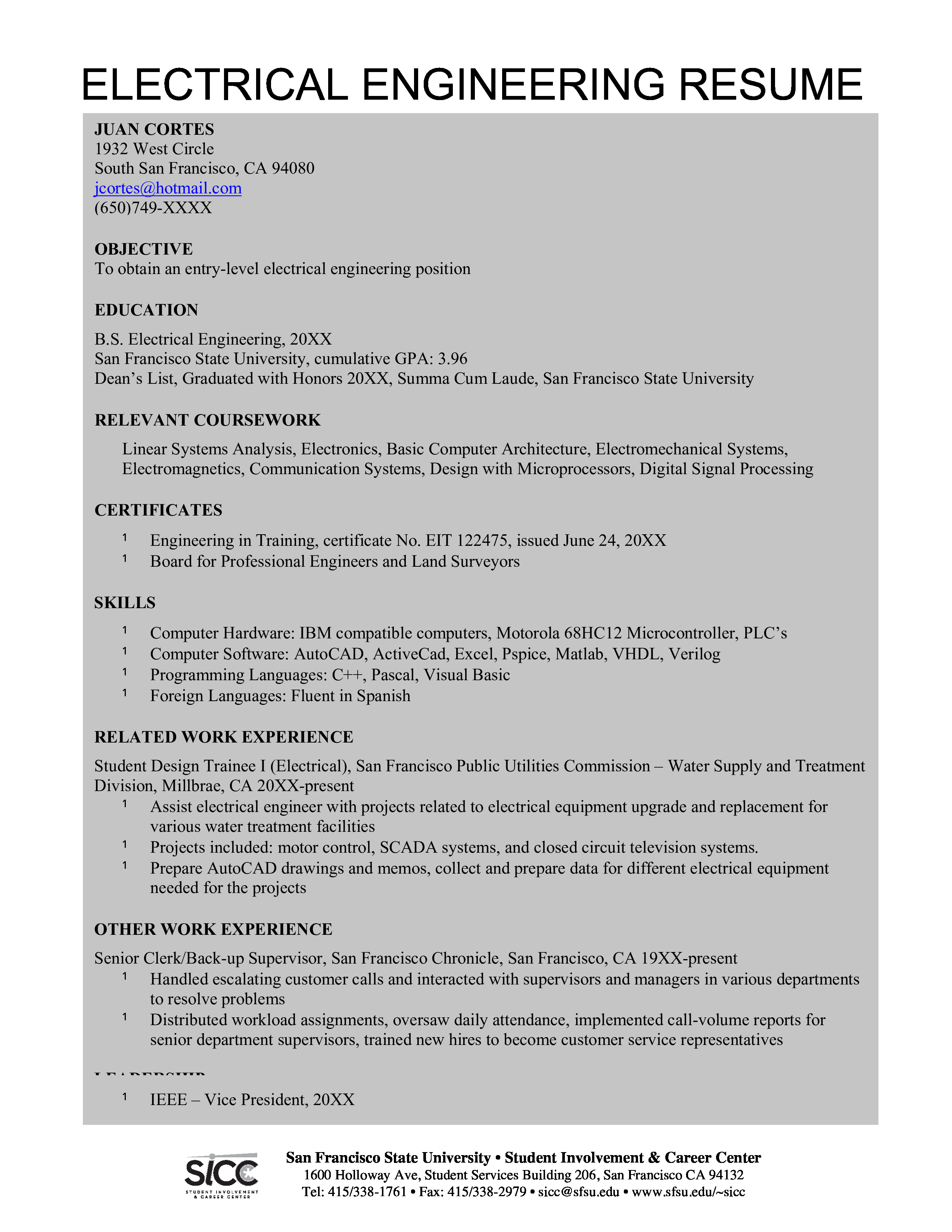 Entry Level Electrical Engineer Resume