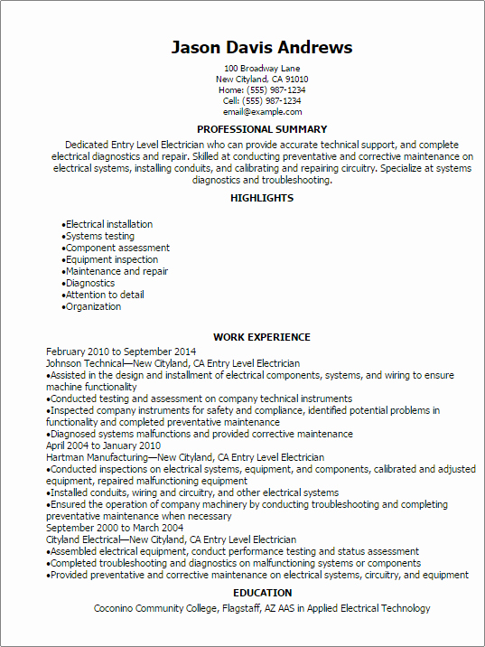 entry level electrician resume