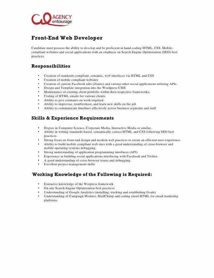 Entry Level Front End Web Developer Job Description