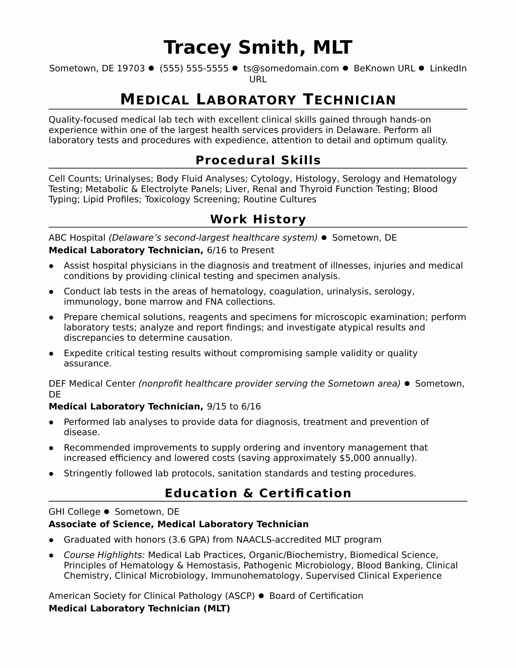 Entry Level Lab Technician Resume Sample
