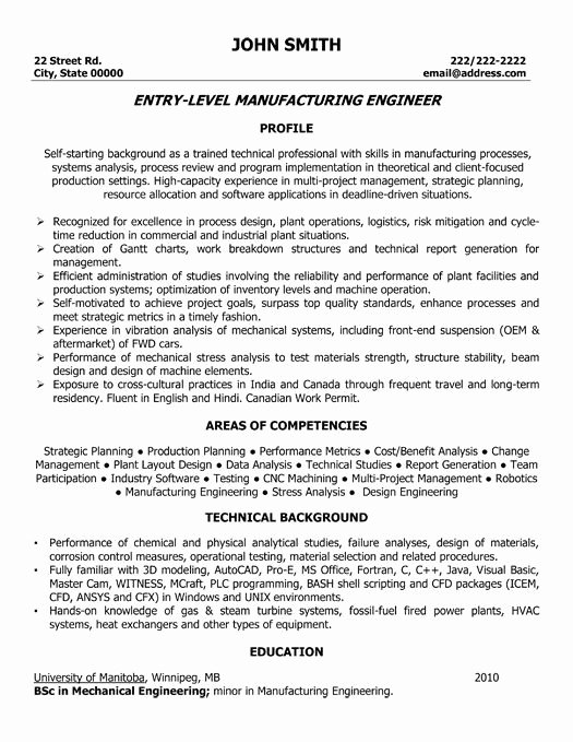 Entry Level Manufacturing Engineer Resume Template