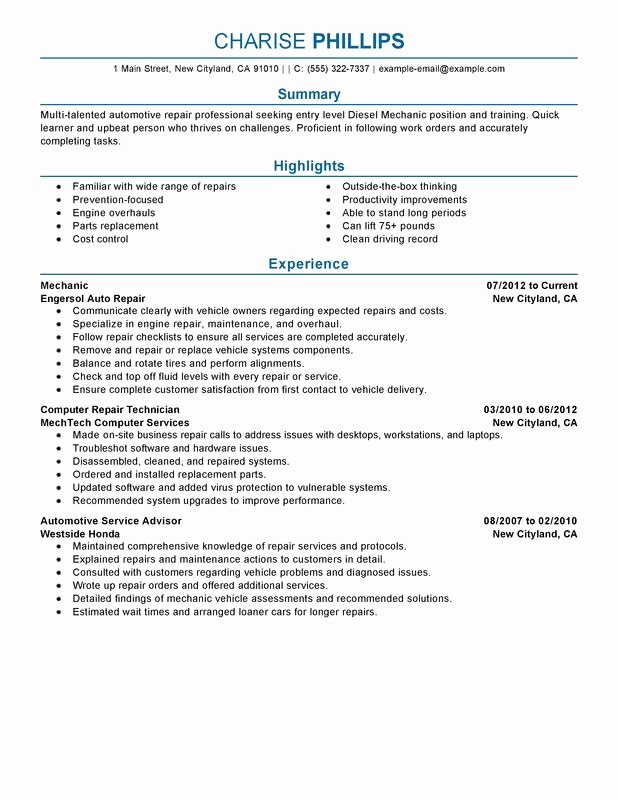 Entry Level Mechanic Resume Examples Created by Pros