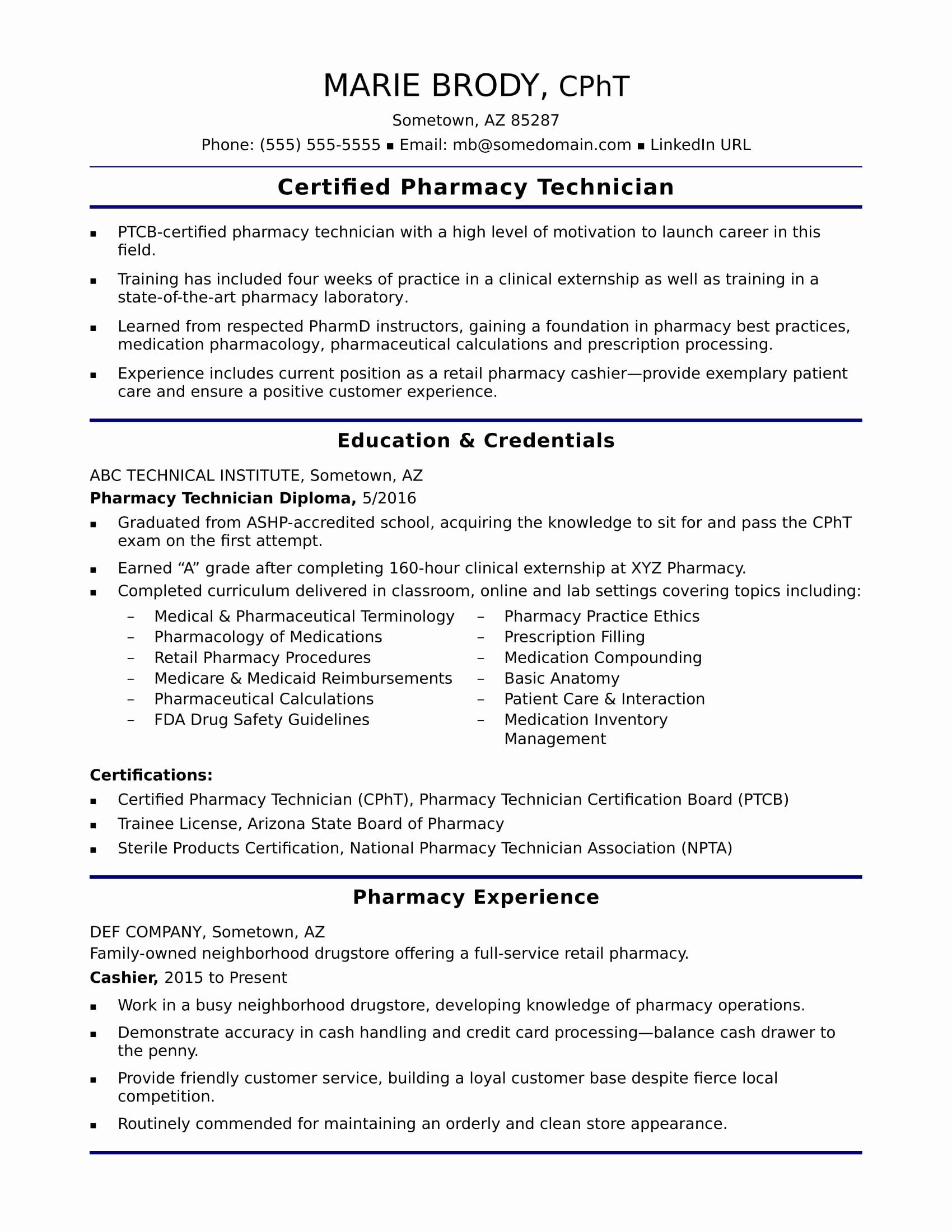 Entry Level Pharmacy Technician Resume Sample