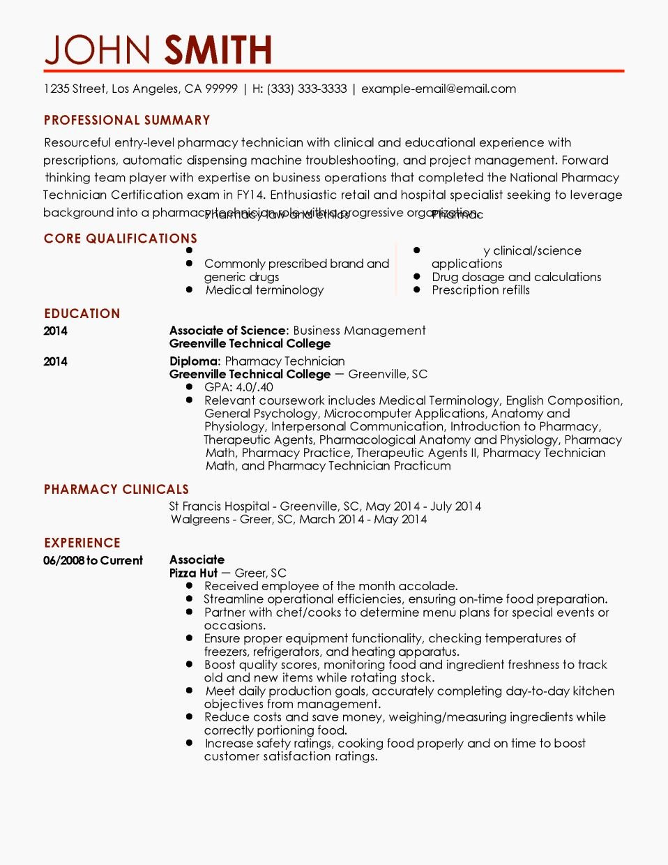 entry level pharmacy technician resume