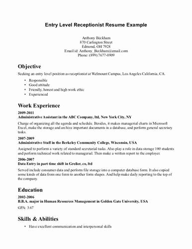 Entry Level Receptionist Resume Example Page 1