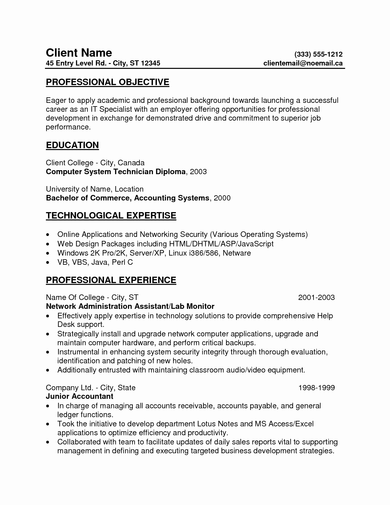 Entry Level Resume Professional Objective and Professional