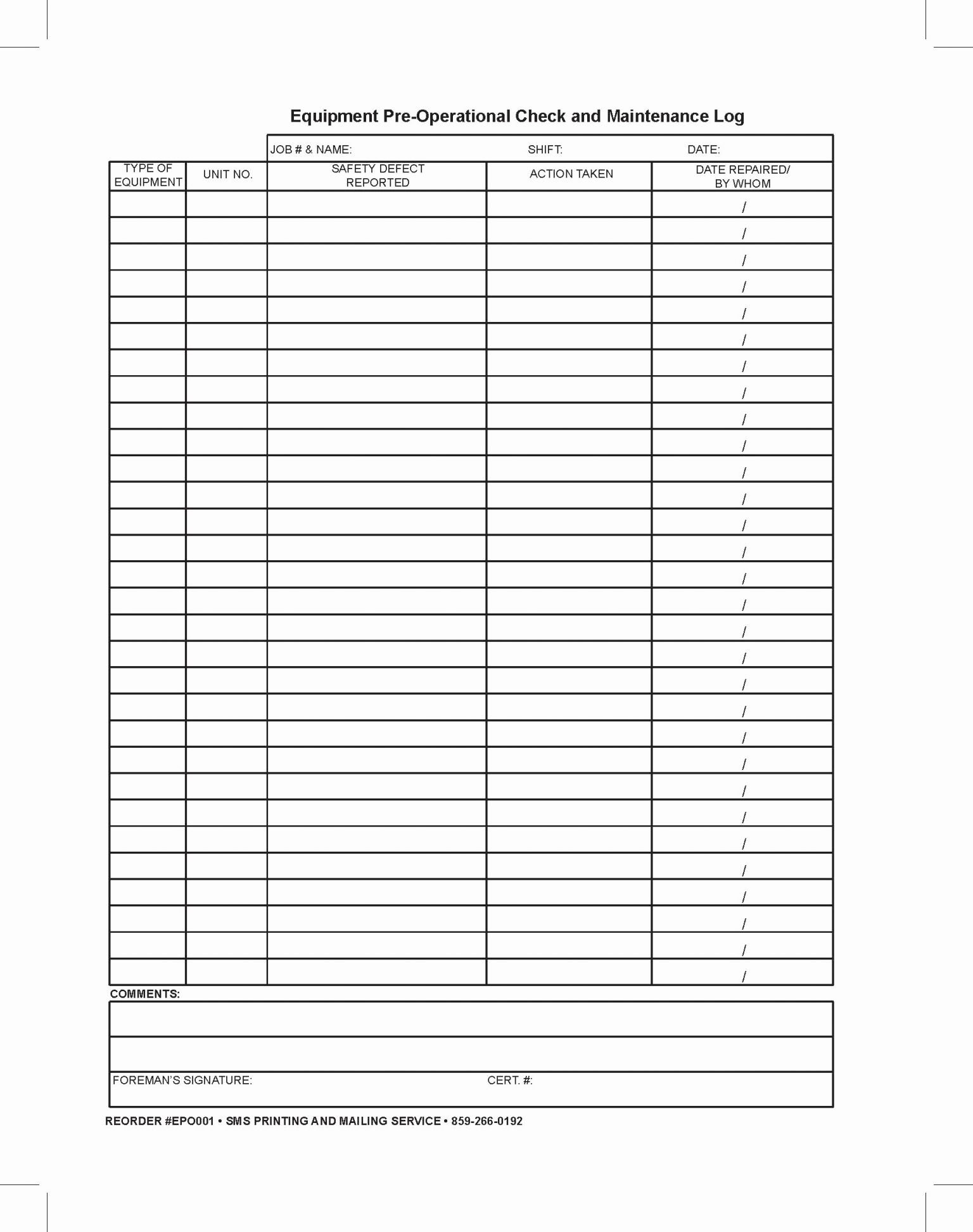 Heavy Equipment Maintenance Log Template