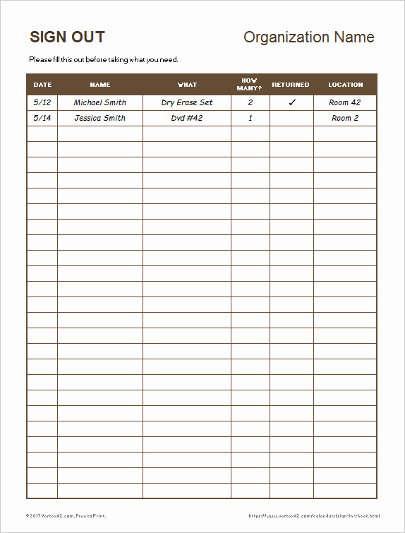 Equipment Sign Out Sheet