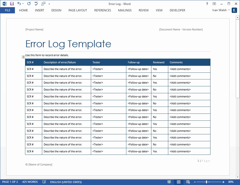 Error Log Template – Ms Word – software Testing