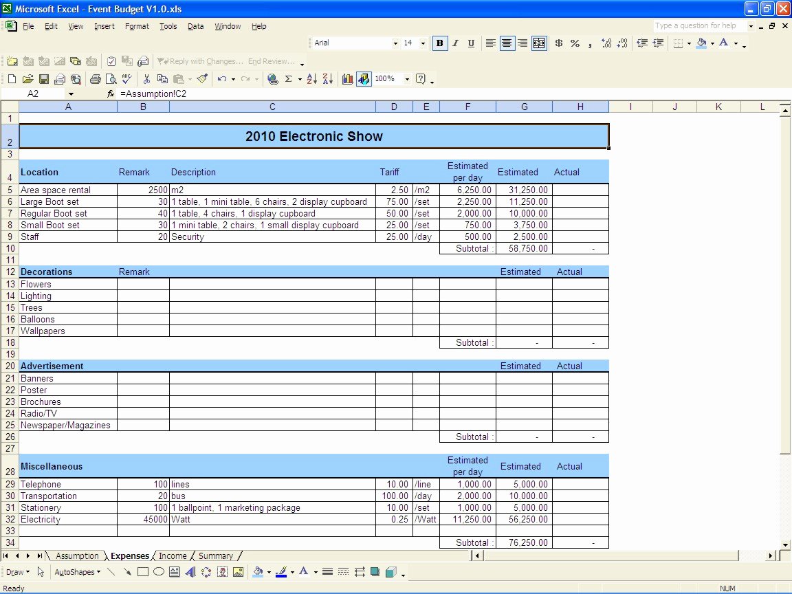 Event Bud Template Excel 2010