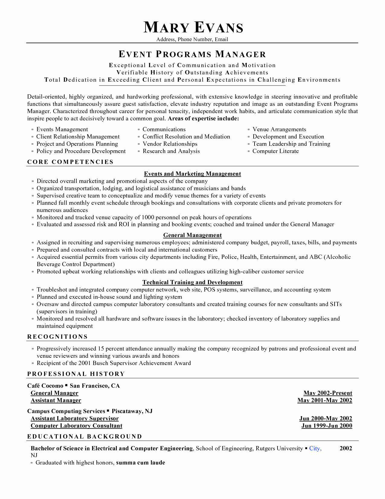 event planner resume objective